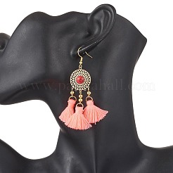 Плоские круглые серьги-подвески из поликоттона с кисточками из нержавеющей стали 304 EJEW-JE06452