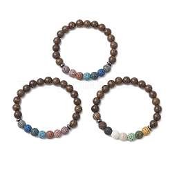 Браслеты из круглых бусин из натуральной окрашенной лавы и дерева&nbsp;BJEW-JB11887