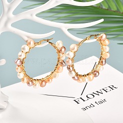 女の子の女性のためのヴィンテージナチュラルパールビーズイヤリング  304ステンレススチールフープピアス  ゴールドカラー  ホワイト  47~49.5x52x8mm  ピン：0.8mm&nbsp;EJEW-JE04643-04