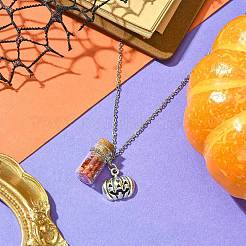 ハロウィンのカボチャ合金とガラス瓶のペンダントネックレス  304ステンレススチールアズキチェーンネックレス  アンティークシルバー＆ステンレス鋼の色  19.49インチ（49.5cm）&nbsp;NJEW-JN04990