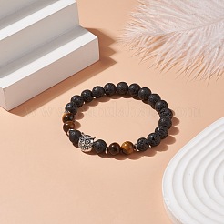 合金ビーズをあしらった天然溶岩とタイガーアイストレッチブレスレット  女性のためのアクセサリー用原石のアクセサリー  フクロウ模様  フクロウ：11x11x7mm  内径：2インチ（5.2cm）&nbsp;BJEW-TA00147-03