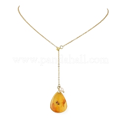 Collier sautoir en forme de larme avec pendentif en ambre naturel&nbsp;NJEW-JN06607