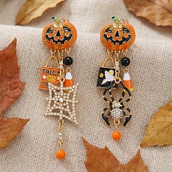 ハロウィン 合金 エナメル＆ラインストーン スタッド ダングルピアス  非対称イヤリング  ゴールドカラー  カボチャ  90x25mm&nbsp;WGDC089-03