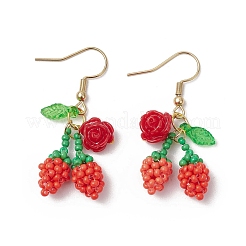 桜の花と304ステンレススチールガラスシードビーズダングルイヤリング  釣り糸ナイロンワイヤー＆アクリルチャーム＆樹脂  ゴールドカラー  レッド  42x18mm&nbsp;EJEW-MZ00419-03