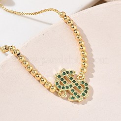 Verstellbare Messingarmbänder mit Mikropavé-Fassung aus Zirkonia in Dollarzeichenform für Damen&nbsp;KK-H279-14G-01