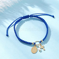 Браслеты с подвесками в форме овала с изображением Девы Марии и креста из нержавеющей стали 304 и натурального пресноводного жемчуга&nbsp;BJEW-JB12928