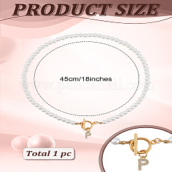 真鍮クリアキュービックジルコニアレターペンダントネックレス1個  白い模造真珠のビーズネックレス  ステンレススチールのトグル留め具付き  鉛フリー＆ニッケルフリー＆カドミウムフリー  ゴールドカラー  文字p  17.72~18.23インチ（45~46.3cm）&nbsp;NJEW-LP0001-32P