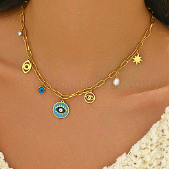 Элегантные классические ожерелья из нержавеющей стали 201 с эмалированными подвесками небесно-голубого цвета с символом сглаза для женщин IG6682