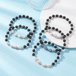 Браслеты из натуральных бусин из лавы и культивированного пресноводного жемчуга для женщин BJEW-JB12868