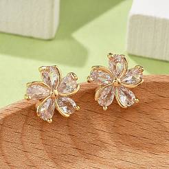 Цветочные латунные серьги-гвоздики с кубическим цирконием для женщин&nbsp;EJEW-G428-28A-02