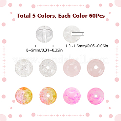 300個5色透明ガラスビーズ  スプレー塗装＆クラックル  ラウンド  ミックスカラー  8~9mm  穴：1.3~1.6mm  60個/カラー&nbsp;GLAA-SC0002-42A