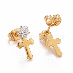 クロススチールスタッドピアス  316ステンレススチールピンとガラス模造キュービックジルコニア付き  ゴールドカラー  13x7mm  ピン：0.7mm&nbsp;EJEW-C019-18G
