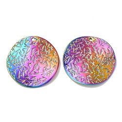 Ion Plating(IP) 304 Stainless Steel Pendants, Textured, Flat Round Charm, Rainbow Color, 29.5x1.5mm, Hole: 1.8mm