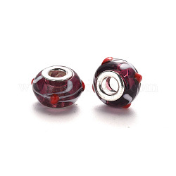 Perles européennes vernissées manuelles, cahoteuse, perles de rondelle avec grand trou , en laiton de tonalité de platine noyaux doubles, rondelle, brun coco, 14~15x9~10mm, Trou: 5mm