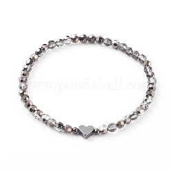 Bracelets de perles de verre rondes à facettes électrolytiques, avec des perles coeur en laiton, gris foncé, diamètre intérieur: 2-3/8 pouce (6.1 cm)