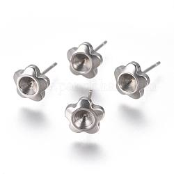 Composants de clou d'oreille en 304 acier inoxydable, pour strass en rivoli, fleur, couleur inoxydable, convient pour strass de 4 mm, 7.5x7mm, pin: 0.9 mm