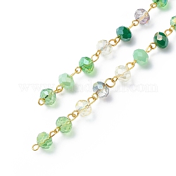 Handgefertigte facettierte Unterlegscheibe-Perlenketten aus galvanisiertem Glas, mit eisernen augenstiften, ungeschweißte, Meergrün, 13.5x8 mm, ca. 3.28 Fuß (1m)/Box