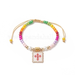 Bracelet en perles de verre tressées, bracelet rectangle avec breloque coeur pour femme, blanc, diamètre intérieur: 2~3-1/8 pouce (5~8 cm)