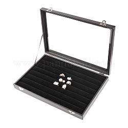 Kunstleder und Holzringe Displayboxen, mit Glas, Rechteck, Schwarz, 24x35x4.5 cm