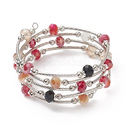 Braccialetti avvolgenti con cinque anelli di perle di vetro, braccialetto di perle di ottone per le donne, rosso scuro, diametro interno: 2 pollice (5 cm)