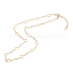 Colliers de chaîne à maillons losange en laiton, avec perles de verre rondes et fermoirs pinces de homard, blanc, véritable 18k plaqué or, 15.94 pouce (40.5 cm)