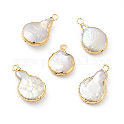 Colgantes de perlas keshi naturales barrocas, encantos de lágrima, con instrumentos de viento, la luz de oro, 17~21x12~13x4~5mm, agujero: 1.6~1.8 mm