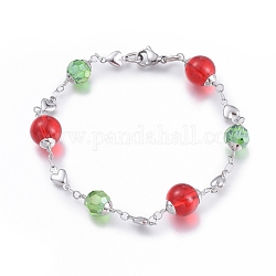 Bracelets de perle en 304 acier inoxydable, avec des perles de verre et fermoirs pince de homard, cœur, couleur mixte, 8-1/4 pouce (21 cm)