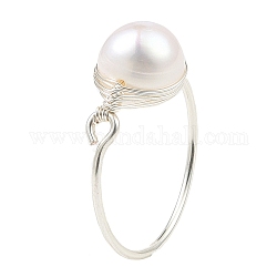 Кольцо на палец с плетеной бусиной из натурального жемчуга, Женское серебряное кольцо из медной проволоки, белые, внутренний диаметр: 18.8 мм