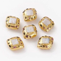 Perlas naturales con turmalina, y fornituras de latón dorado, rombo, 31~32x26.5~27.5x13.5~14.5mm, agujero: 1.2 mm