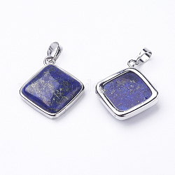 Lapis lazuli naturale ciondoli, con accessori di ottone, rombo, platino, 25x29x7mm, Foro: 5x7 mm, 18x18 mm