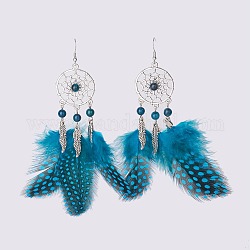 Alloy Dangle Earrings, with Brass Earring Hooks, Natural Apatite Round Beads and Chicken Feather Costume, Woven Net/Web with Feather, Dodger Blue, 140mm, Pin: 0.6mm, 120x50x8mm