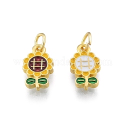 Alloy Enamel Charms, with Jump Rings, Matte Gold Color, Sunflower, Colorful, 13.5x7.5x2mm, Hole: 3mm