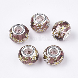 Perles européennes en verre, Perles avec un grand trou   , en laiton de tonalité de platine noyaux doubles, rondelle avec sakura, brun rosé, 14x10~11mm, Trou: 5mm
