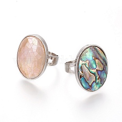 Adjustable Abalone Shell/Paua Shell/Pink Shell Rings, with Platinum Brass Findings, Oval, Mixed Color, Size 8, 18mm