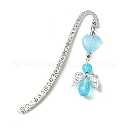 Segnalibri con angelo a forma di cuore con perle di vetro, segnalibri a gancio in lega di stile tibetano, cielo azzurro, 83x15mm