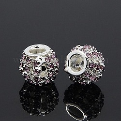 Perline europei strass in ottone, perline con foro grande, rondelle, colore argento placcato, viola, 12x10mm, Foro: 4 mm