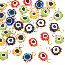 ARRICRAFT Evil Eye Resin Pendants, with Real 18K Gold Plated Friendly Copper Wire Wrapped, Flat Round Charm, Mixed Color, 18~19x11.5~12x6~6.5mm, Hole: 3~4mm, 30pcs/box