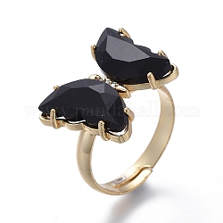 調節可能な真鍮製のガラスフィンガー指輪  クリアキュービックジルコニア  蝶  ゴールドカラー  ブラック  サイズ7  内径：17mm