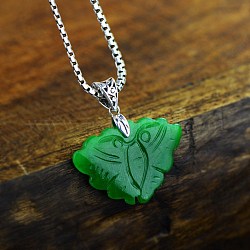 925 Sterling Silver Pendant, with Natural Green Jade, Butterfly, Green, Platinum