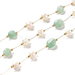 Cadenas de perlas naturales y aventurina verde, con fornituras de acero inoxidable, Plateado de larga duración, soldada, dorado, 5~9.5x4~8x2~5mm, 4~6x5.5~8mm