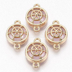 Connettori di collegamenti di vetro, con risultati in lega placcata oro chiaro, piatta e rotonda con il timone, perla rosa, 13.5x19.5x6.5mm, Foro: 1.6 mm
