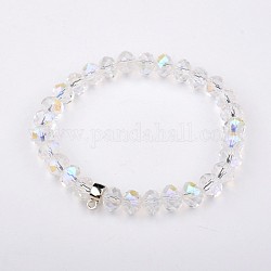 Glass Rondelle Bead Stretch Bracelets, with Antique Silver Plated Alloy Findings, Clear, 50mm