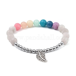 Bracelets élastiques, avec des perles naturelles de jade blanc, perles d'hématite synthétiques non magnétiques et pendentifs en alliage, feuille, colorées, diamètre intérieur: 2 pouce (5 cm)