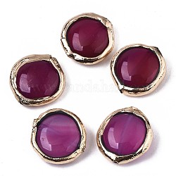 Natural Agate Beads, Light Gold Plated Polymer Clay Edge, Dyed, Flat Round, Medium Violet Red, 17~19x17~18x5~7mm, Hole: 1.2mm
