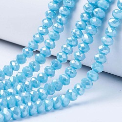 Chapelets de perles en verre électroplaqué, couleur unie opaque, de couleur plaquée ab , facette, rondelle, bleu profond du ciel, 4x3mm, Trou: 0.4mm, Environ 130 pcs/chapelet, 16.54 pouce (42 cm)