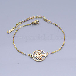 201 Stainless Steel Link Bracelets, with Lobster Claw Clasps, Tree of Life with Flat Round, Golden, 6-3/4 inch(17.2~17.25cm)