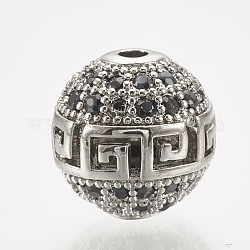 Perles de zircone cubique micro pave en Laiton, creux, ronde, noir, platine, 10mm, Trou: 1.6mm