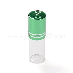 Colgante de botella de perfume de vidrio transparente, con botella de latón con tapón de rosca, verde, 53x15.5mm, agujero: 2 mm, capacidad: 3ml (0.10fl. oz)