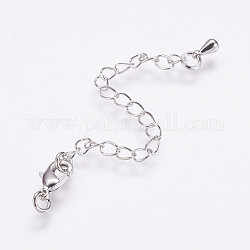 Long-Lasting Plated Brass Chain Extender, with Lobster Claw Clasps and Chain Extender Teardrop, Real Platinum Plated, 9.5x5x2.5mm, Hole: 2mm, Extend Chain: 68~70mm, ring: 4x0.8~1mm