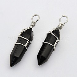 Faceted Bullet Platinum Tone Brass Gemstone Double Terminated Pointed Pendants, Dyed, Black Stone, 38~42x8~9mm, Hole: 3~6mm